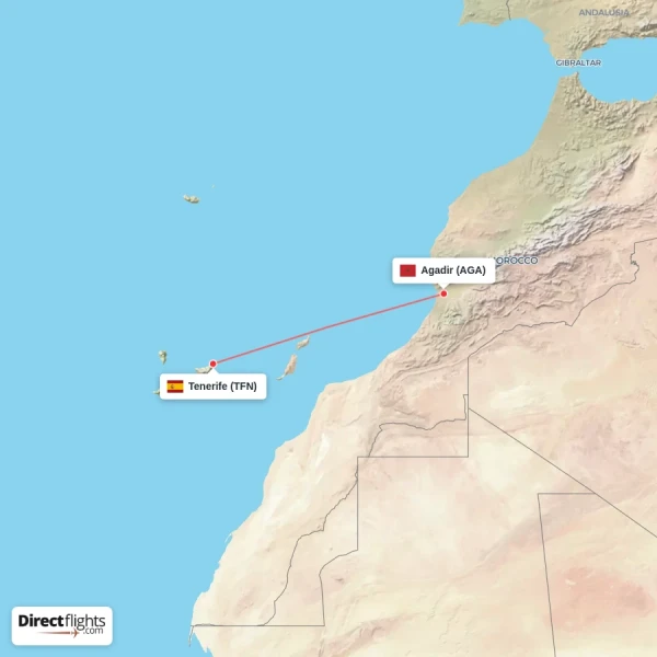 Agadir - Tenerife direct flight map