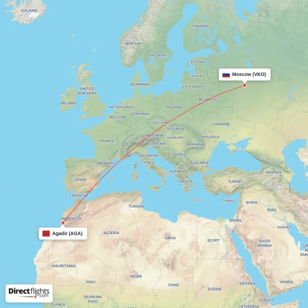 Agadir - Moscow direct flight map