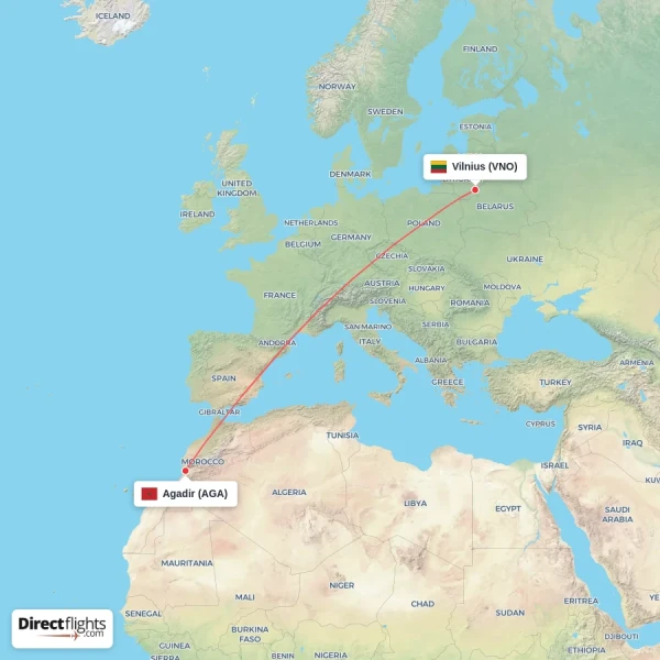 Agadir - Vilnius direct flight map