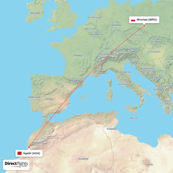 Agadir - Wroclaw direct flight map