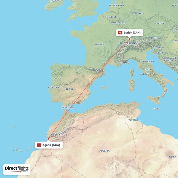 Agadir - Zurich direct flight map