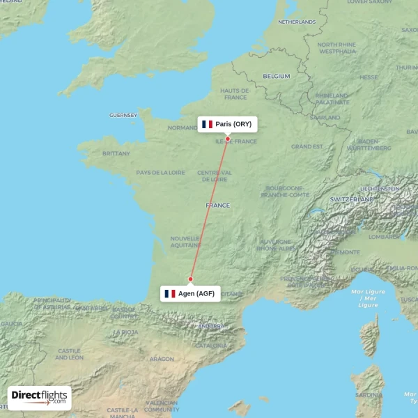 Agen - Paris direct flight map