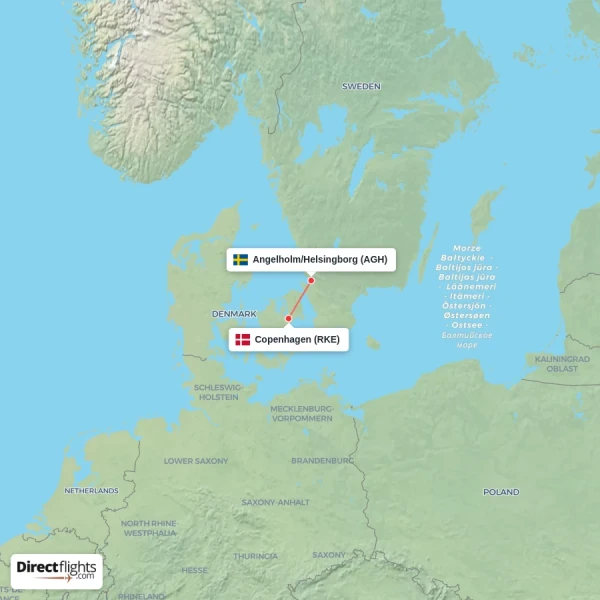 Angelholm/Helsingborg - Copenhagen direct flight map