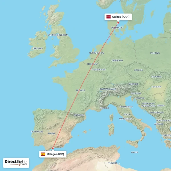 Malaga - Aarhus direct flight map