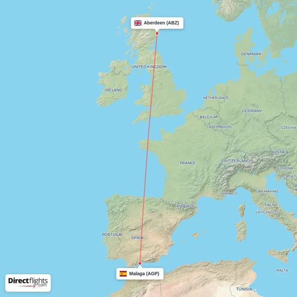 Malaga - Aberdeen direct flight map