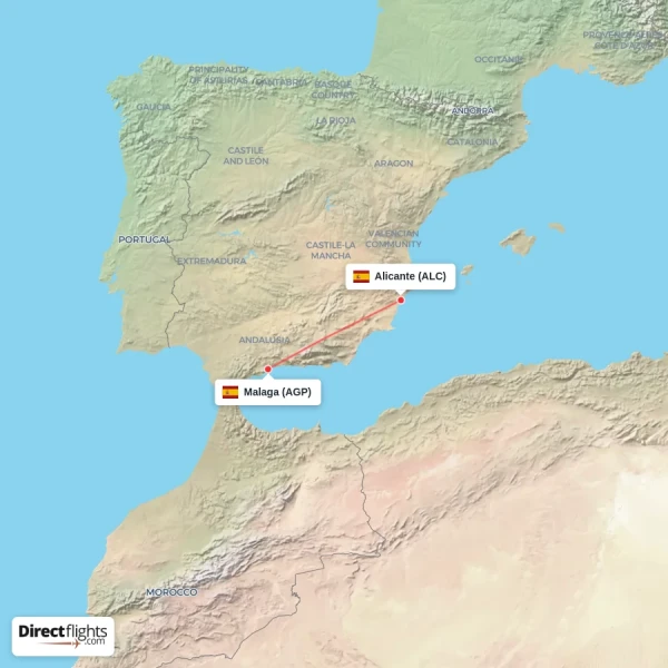 Malaga - Alicante direct flight map