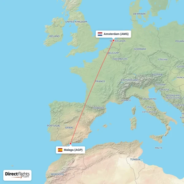 Malaga - Amsterdam direct flight map