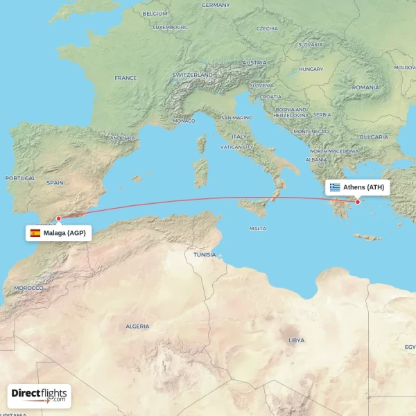 Malaga - Athens direct flight map