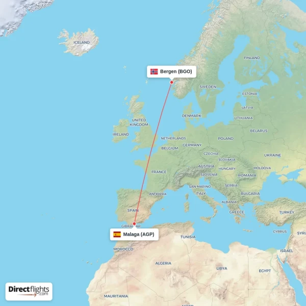 Malaga - Bergen direct flight map