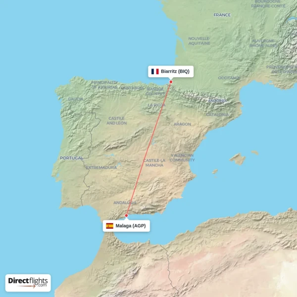 Malaga - Biarritz direct flight map
