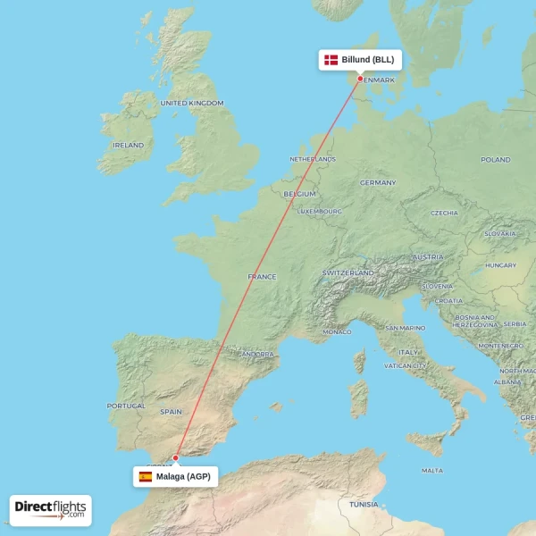 Malaga - Billund direct flight map