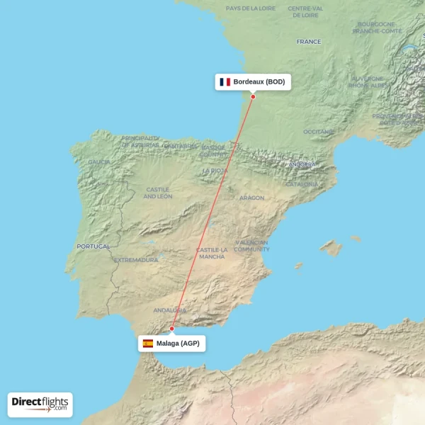 Malaga - Bordeaux direct flight map