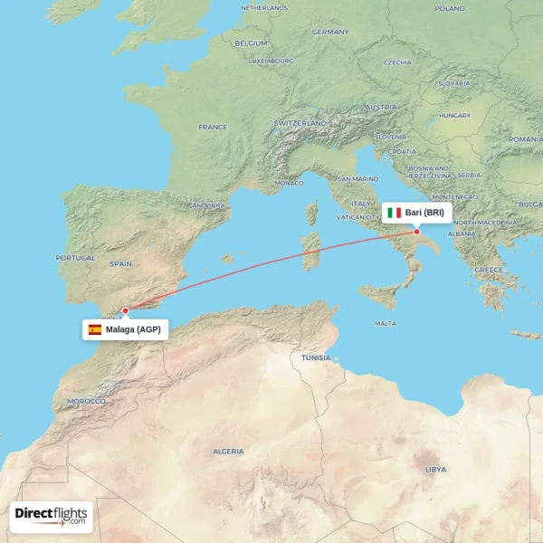 Malaga - Bari direct flight map