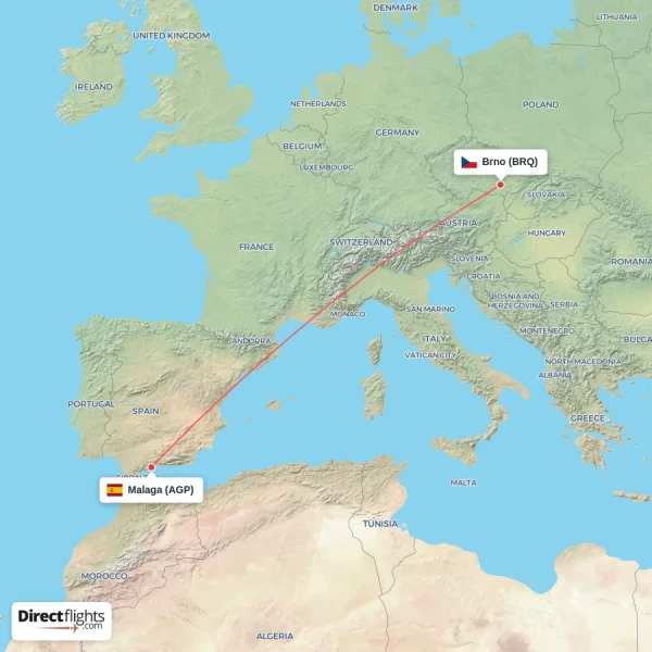 Malaga - Brno direct flight map