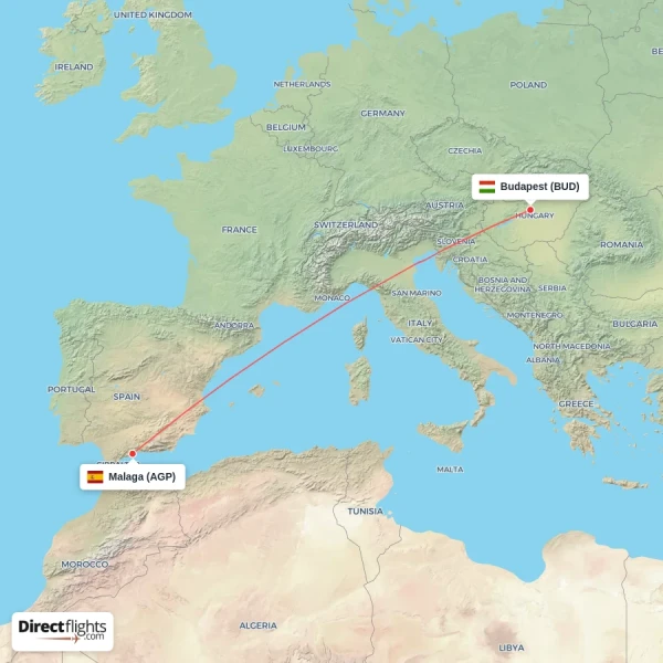 Malaga - Budapest direct flight map