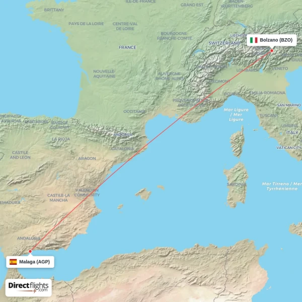 Malaga - Bolzano direct flight map