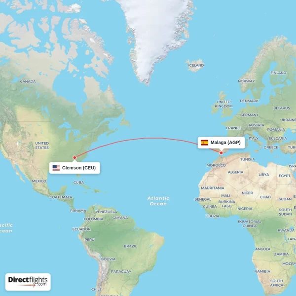 Malaga - Clemson direct flight map