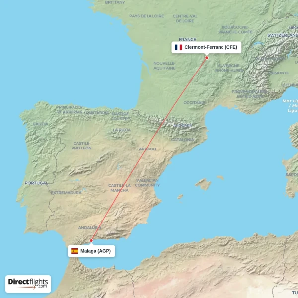 Malaga - Clermont-Ferrand direct flight map