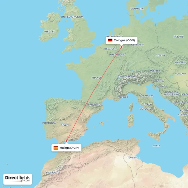 Malaga - Cologne direct flight map