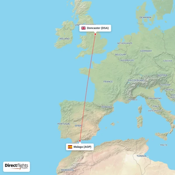 Malaga - Doncaster direct flight map