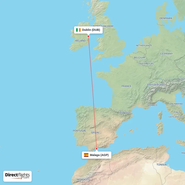 Malaga - Dublin direct flight map