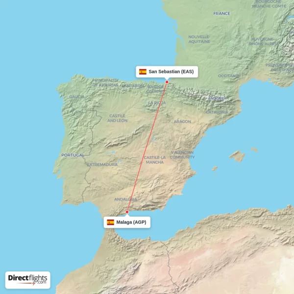 Malaga - San Sebastian direct flight map