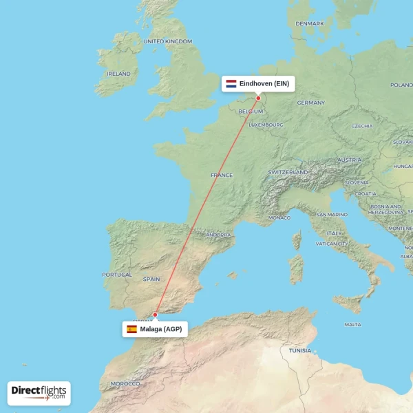Malaga - Eindhoven direct flight map