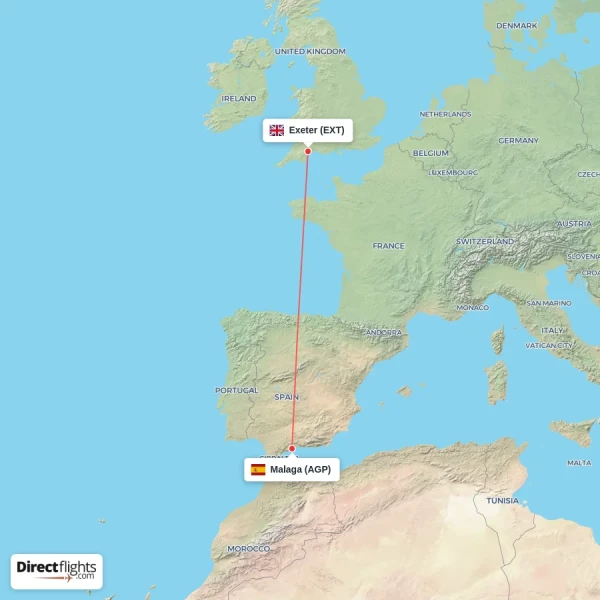Malaga - Exeter direct flight map