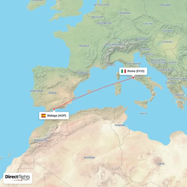 Malaga - Rome direct flight map