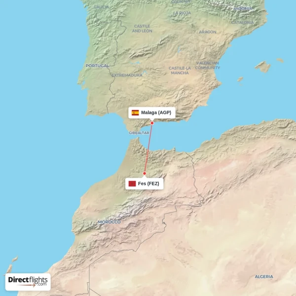 Malaga - Fes direct flight map