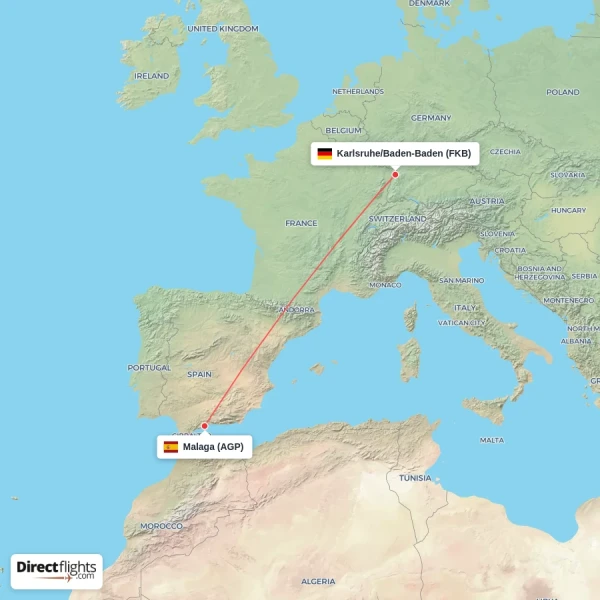 Malaga - Karlsruhe/Baden-Baden direct flight map