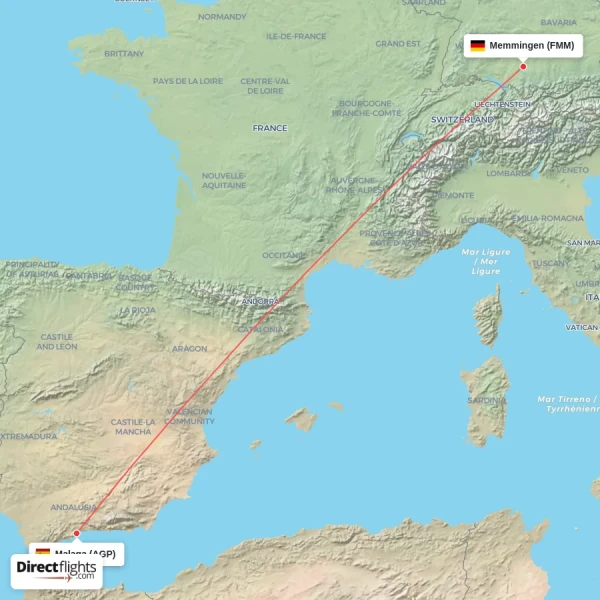 Malaga - Memmingen direct flight map