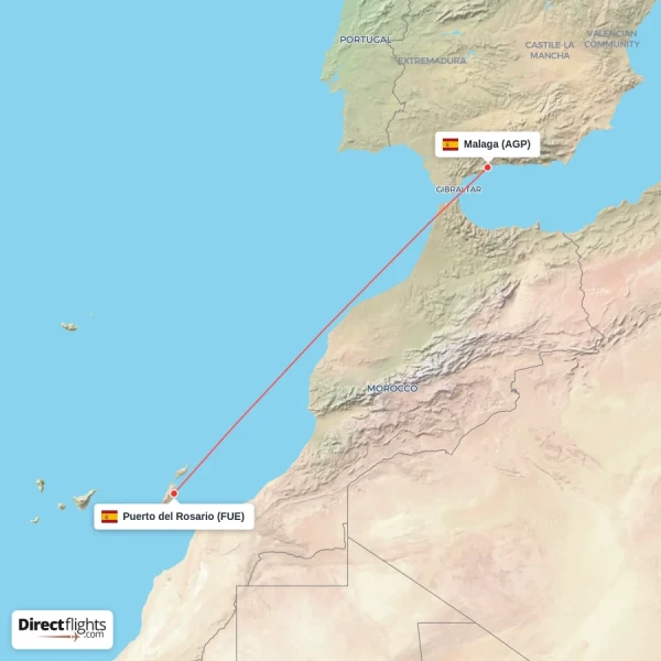 Malaga - Puerto del Rosario direct flight map