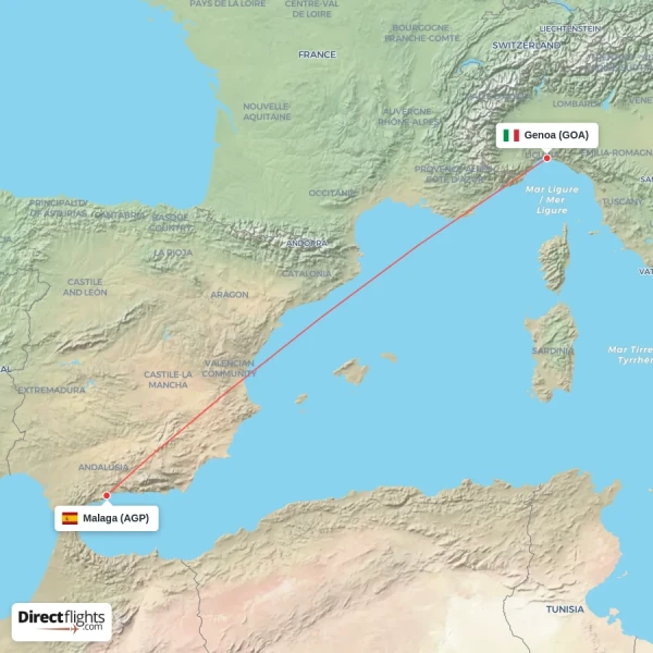 Malaga - Genoa direct flight map