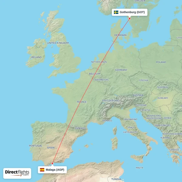 Malaga - Gothenburg direct flight map