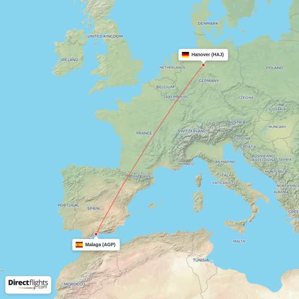 Malaga - Hanover direct flight map