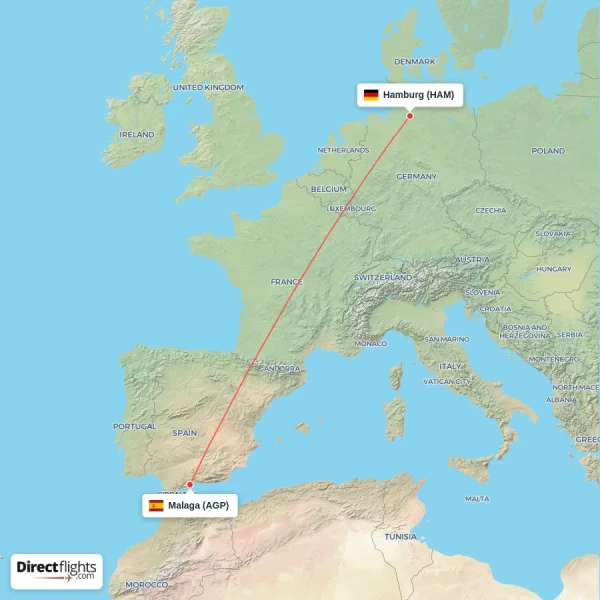 Malaga - Hamburg direct flight map