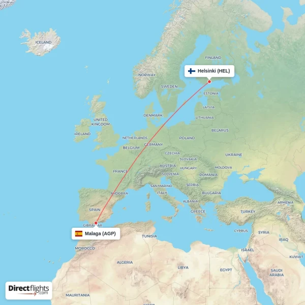 Malaga - Helsinki direct flight map