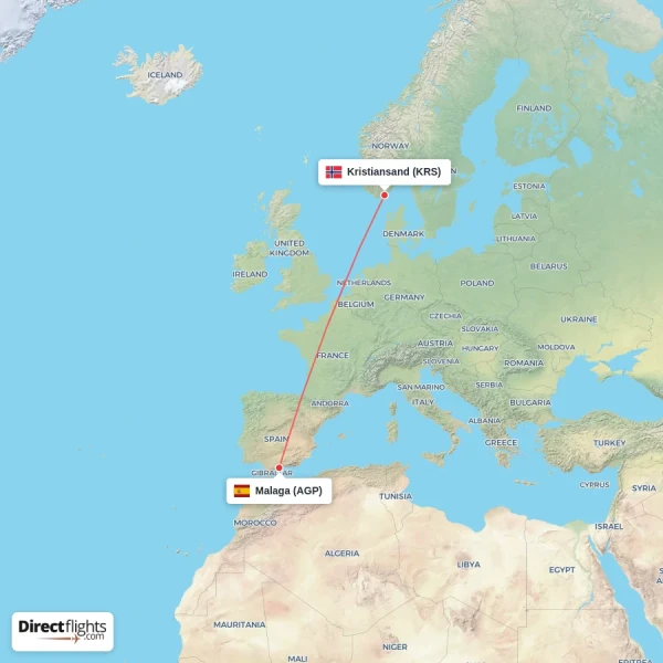 Malaga - Kristiansand direct flight map