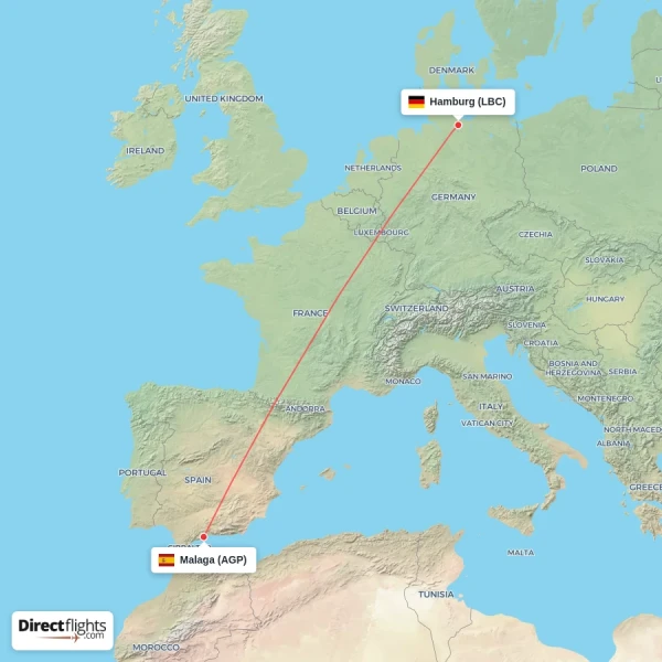 Malaga - Hamburg direct flight map