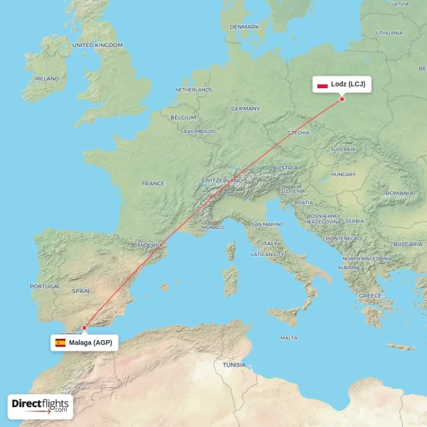 Malaga - Lodz direct flight map