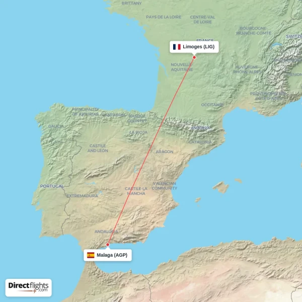 Malaga - Limoges direct flight map