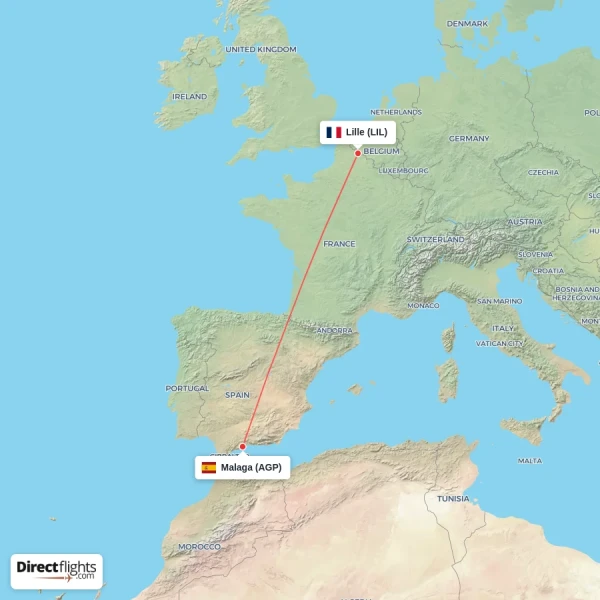 Malaga - Lille direct flight map