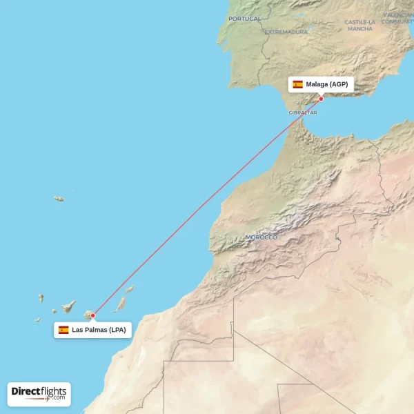 Malaga - Las Palmas direct flight map