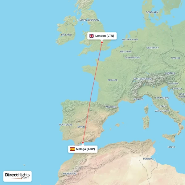 Malaga - London direct flight map