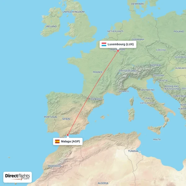 Malaga - Luxembourg direct flight map