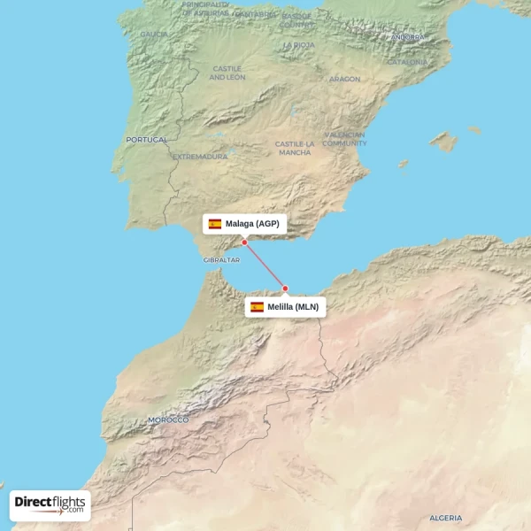 Malaga - Melilla direct flight map