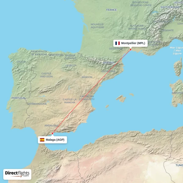Malaga - Montpellier direct flight map