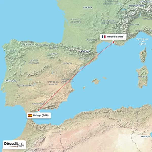 Malaga - Marseille direct flight map