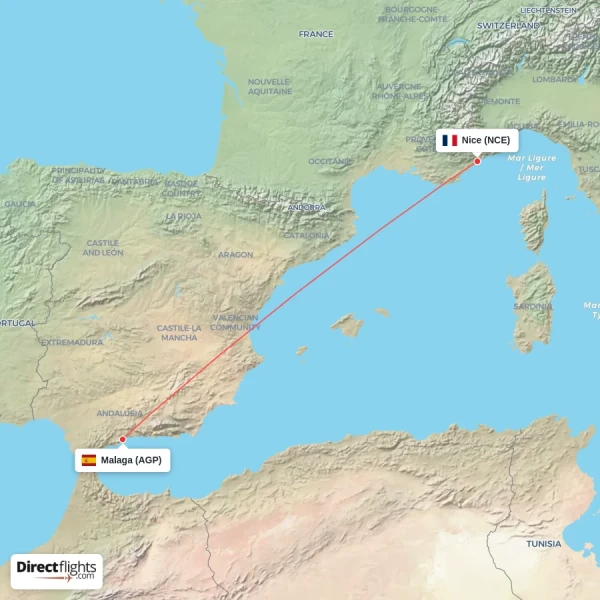 Malaga - Nice direct flight map